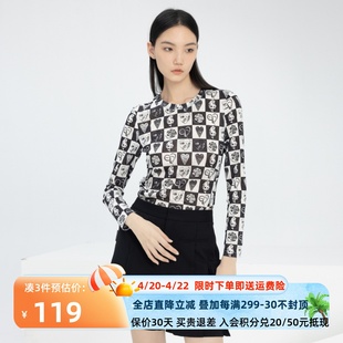 xg雪歌创意印花长袖T恤女2024春款打底上衣XJ101003B393