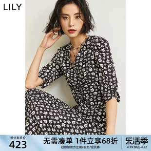 LILY2024春女装优雅浪漫印花设计感显瘦高腰V领收腰A字连衣裙