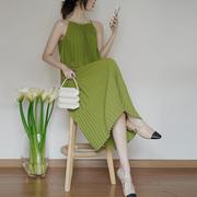 CHAILYO-法式绿色无袖套头百褶A型长裙宽松显瘦轻奢吊带连衣裙