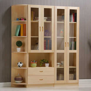 定制实木中式书柜儿童书柜自由组合松木玻璃门书橱带抽屉储物