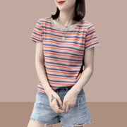 韩国橘蓝短袖T恤女夏2024洋气漂亮气质百搭优雅冰丝显瘦上衣
