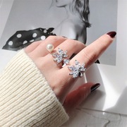 925纯银叶子镶钻戒指女欧美设计师款大锆石水滴叶子珍珠开口戒指