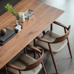 纯实木餐桌家用现代简约轻奢长方形，书桌胡桃色洽谈茶桌广岛椅组合