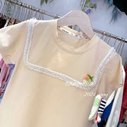 A260女童夏季短袖T恤洋气钉珠花边毛球儿童纯棉薄款T恤衫上衣