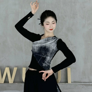 古典舞水墨画国风套装黑色舞蹈，上衣成人练功服，网纱拼接长袖艺考女