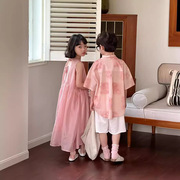 童套装2024夏款男女童，韩版粉色系带，背心连衣裙儿童短袖短裤两件套