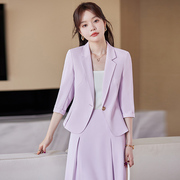 韩版七分袖修身英伦风西装外套女2024夏季薄款时尚通勤OL西服套裙