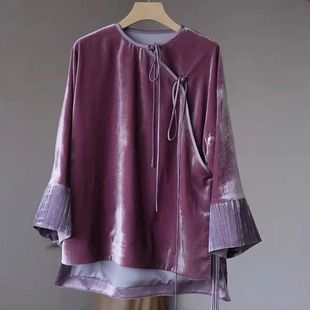 捡漏尾货一线撤柜女装真丝丝绒衬衫上衣高级感设计感紫色短款