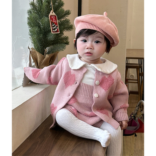 婴儿衣服套装春秋针织毛线外套，+背带连体哈衣女(哈衣女)宝宝洋气两件套春