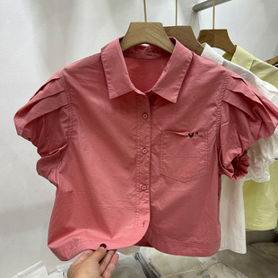 夏季粉红色泡泡短袖衬衫，女2024韩版小个子，显瘦短款上衣小衫潮