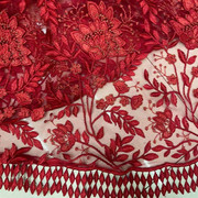 进口立体网纱绣花红色蕾丝，连衣裙礼服面料，重工品牌刺绣蕾丝布料