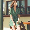 韩国chic夏季法式复古收腰显瘦超仙牛油果绿色碎花小个子连衣裙女
