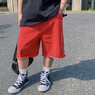 儿童西瓜红牛仔短裤2023夏季男童时尚潮酷帅气五分洋气裤子