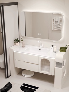 九牧卫浴一体陶瓷盆，橡木烤漆奶油风浴室柜，组合卫生间洗脸盆洗手台