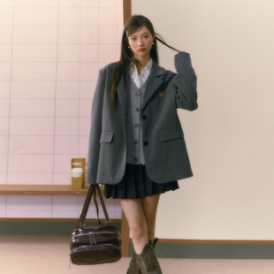 7Shiftin原创设计学院风灰色西装外套高级感宽松长袖外衣秋季
