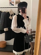 韩版2024春季复古设计感半高领衬衫拼接金丝绒，假两件连衣裙女