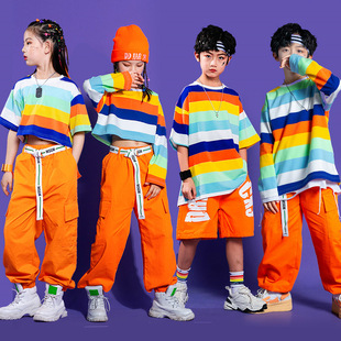 儿童嘻哈街舞服男童hiphop女爵士舞运动会啦啦队hiphop条纹表演服