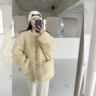 金苏一奶黄色仿羊羔毛棉衣女2023冬季韩版宽松小个子加厚毛毛外套