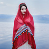 丝巾女西藏沙漠度假防晒披肩民族风棉麻围巾纯色超大青海红色纱巾