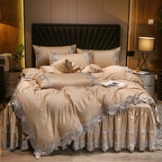 欧式60S贡缎长绒棉床裙罩四件套纯全棉刺绣花边床单被套双人床套