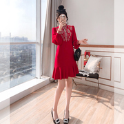 新年战袍裙子秋冬2024女装春装气质中国风复古长袖红色连衣裙
