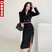 韩国女春秋时尚气质西装套装裙短款小外套+高腰半身裙中长款