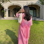 Dazi金大支针织两件套连衣裙2024年夏季短袖粉色吊带裙子套装