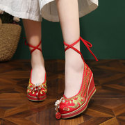 增高中式秀禾新娘婚鞋古风汉服鞋子超高跟小个子红色结婚绣花布鞋