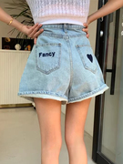 韩国chic夏季小众设计后袋，心形刺绣高腰阔腿卷边牛仔短裤热裤女