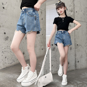 女童夏季短裤套装韩版中大儿童套头t恤牛仔裤两件套时髦百搭热裤