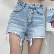 POCLAIN韩国高腰纽扣设计磨破拉丝浅蓝显腿长牛仔短裤热裤
