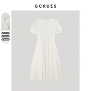 gcrues白色V领气质连衣裙女夏季2024法式初恋肌理感面料裙子