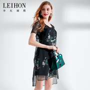 leihon李红国际高端大码女装钉钻v领假两件印花裙