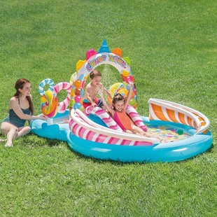 INTEX城堡家用儿童戏水池宝宝洗澡海洋球池滑滑梯喷水充气游泳池