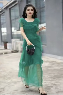 精致感女人味时尚连衣裙2023年夏季方(夏季方)领设计感雪纺蛋糕裙长裙