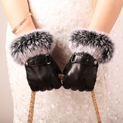 2017秋冬季山羊皮手套，女士保暖短款真皮，手套奢华兔毛口