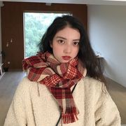 经典英伦复古红色格子围巾女秋冬季韩版百搭双面千鸟格学生围脖潮
