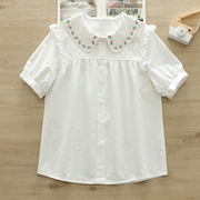 白色娃娃领衬衫女夏季2024泡泡袖小众法式上衣短袖小个子衬衣