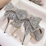 银色亮片尖头高跟鞋女2023年细跟水钻蝴蝶结婚鞋气质水晶单鞋