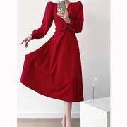 红色连衣裙女秋冬季长袖订婚敬酒服新娘晚礼服日常法式气质休闲裙