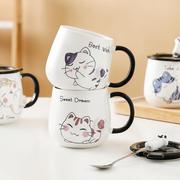 猫咪杯子马克带盖勺陶瓷水杯陶瓷卡通男女情侣杯办公室咖啡早餐杯