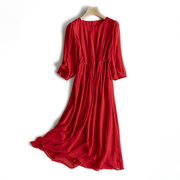 大红色桑蚕丝连衣裙女中长款2024新夏季(新夏季)真丝，裙子高端显瘦超仙长裙