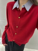 欧货红色针织开衫女2024春装拼接设计感小众上衣翻领毛衣外套