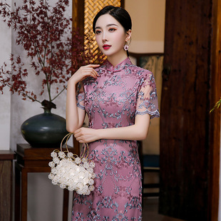 紫色旗袍礼服改良版，网纱刺绣钉珠红色，敬酒服女士优雅中长款连衣裙
