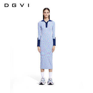 dgvi2023秋款小香气质风，polo拼接蓝粉色渐变针织连衣裙法式连衣裙