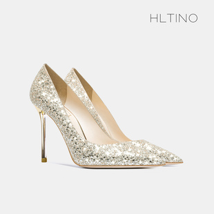 hltino2024春季高跟鞋女新娘鞋，金色婚鞋亮片，细跟尖头浅口单鞋