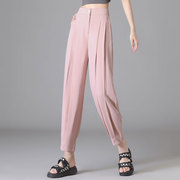粉色裤子女春秋垂感萝卜，松紧腰西装裤，2024夏季薄款女式哈伦裤