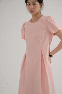 DAILYCLOSET粉色茶歇裙女夏蓬蓬法式泡泡短袖连衣裙长裙3601