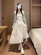 韩系设计感甜美法式收腰显瘦仙女白色吊带连衣裙小个子荷叶边裙子