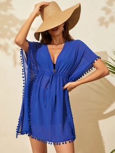 夏季v领宝蓝色度假沙滩，性感罩衫波，西米亚短袖连衣裙防晒衫女